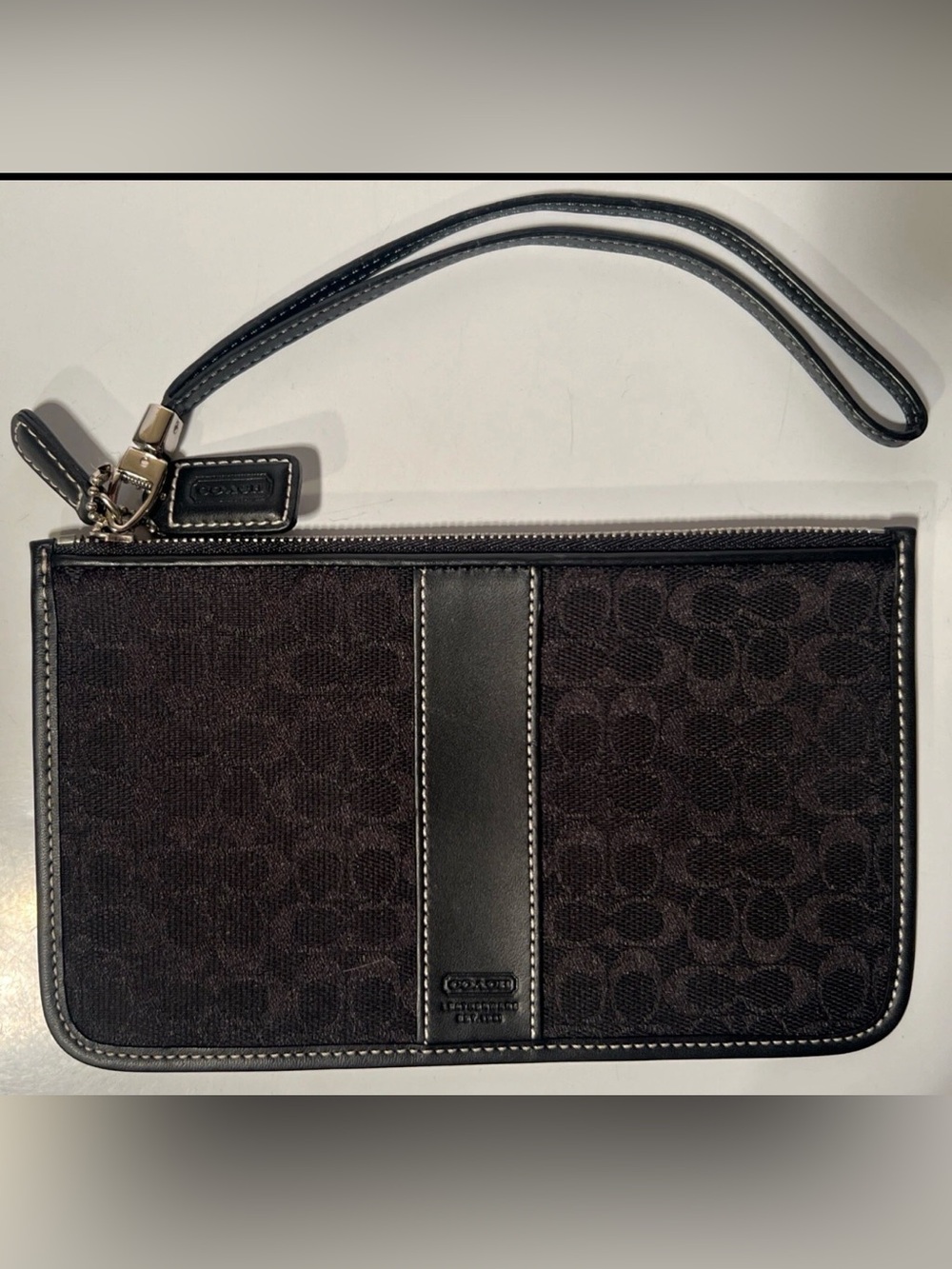 Coach Signature Jacquard Black Leather-Trim Wristlet Pouch Clutch Silver